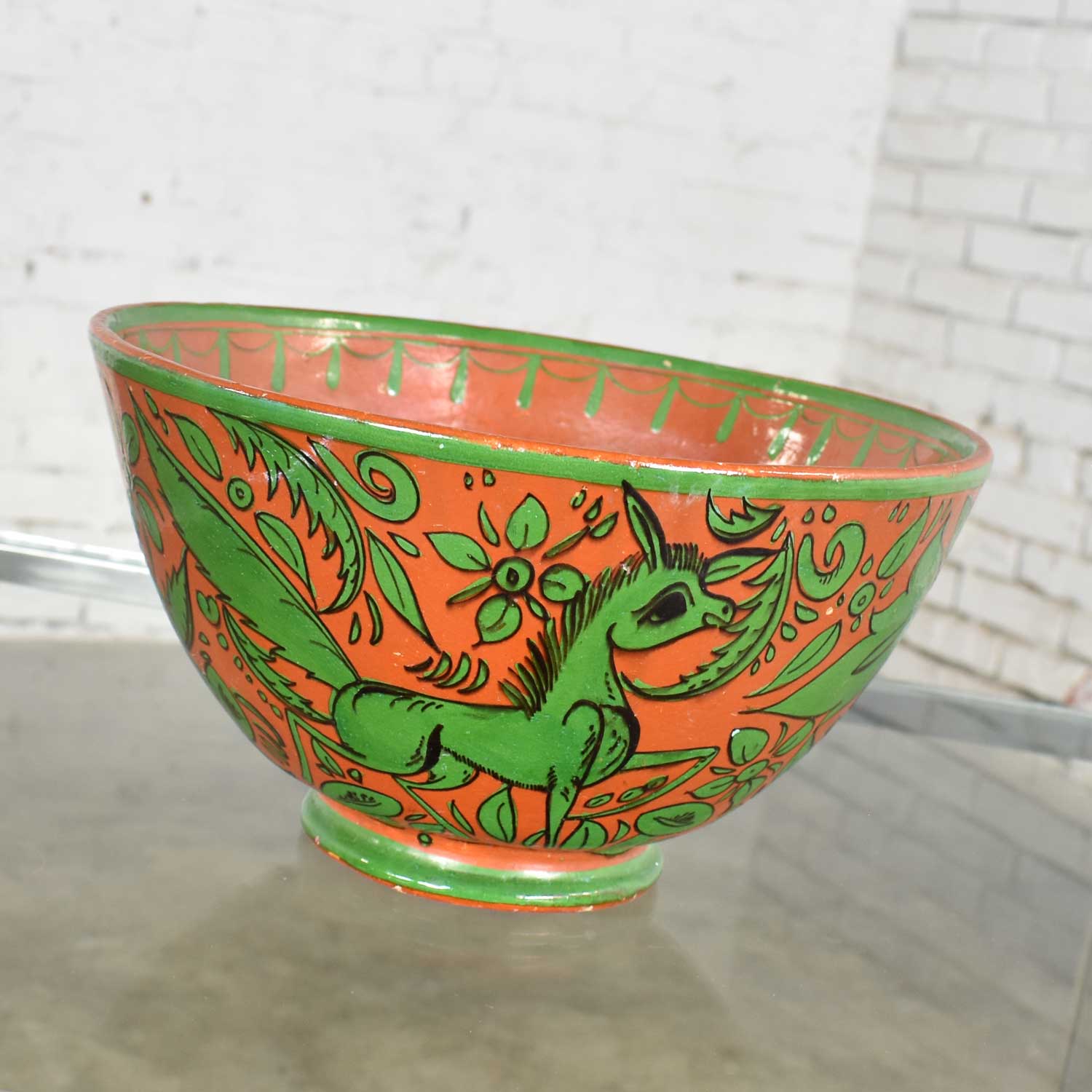 Tlaquepaque Mexican Pottery Bowl Large Fantasia Stylized Deer Green on Terracotta Mid-20th Century