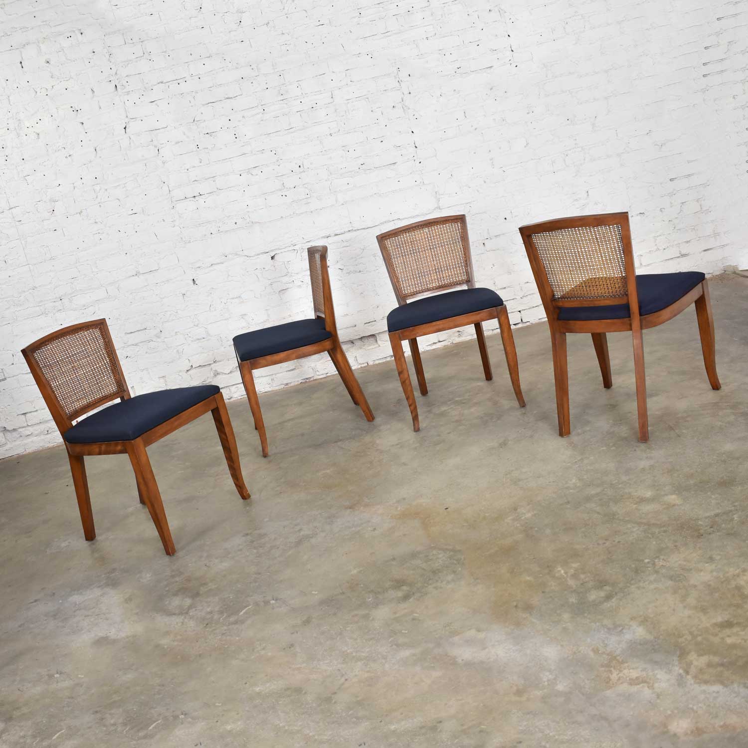 Vintage Mid-Century Modern Set of 4 Cane Back Dining Chairs Newly Upholstered Seats