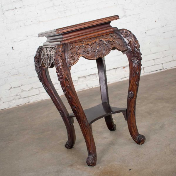 Antique Asian Pedestal Table Rosewood Color Hand Carved Cherry Blossoms