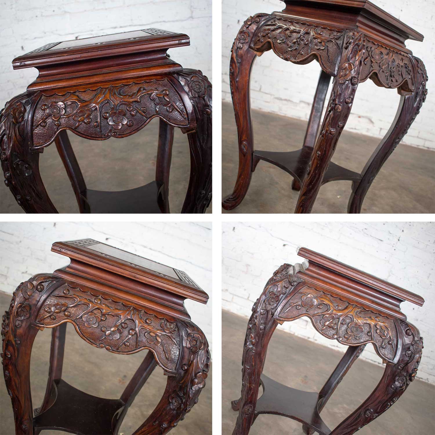 Antique Asian Pedestal Table Rosewood Color Hand Carved Cherry Blossoms