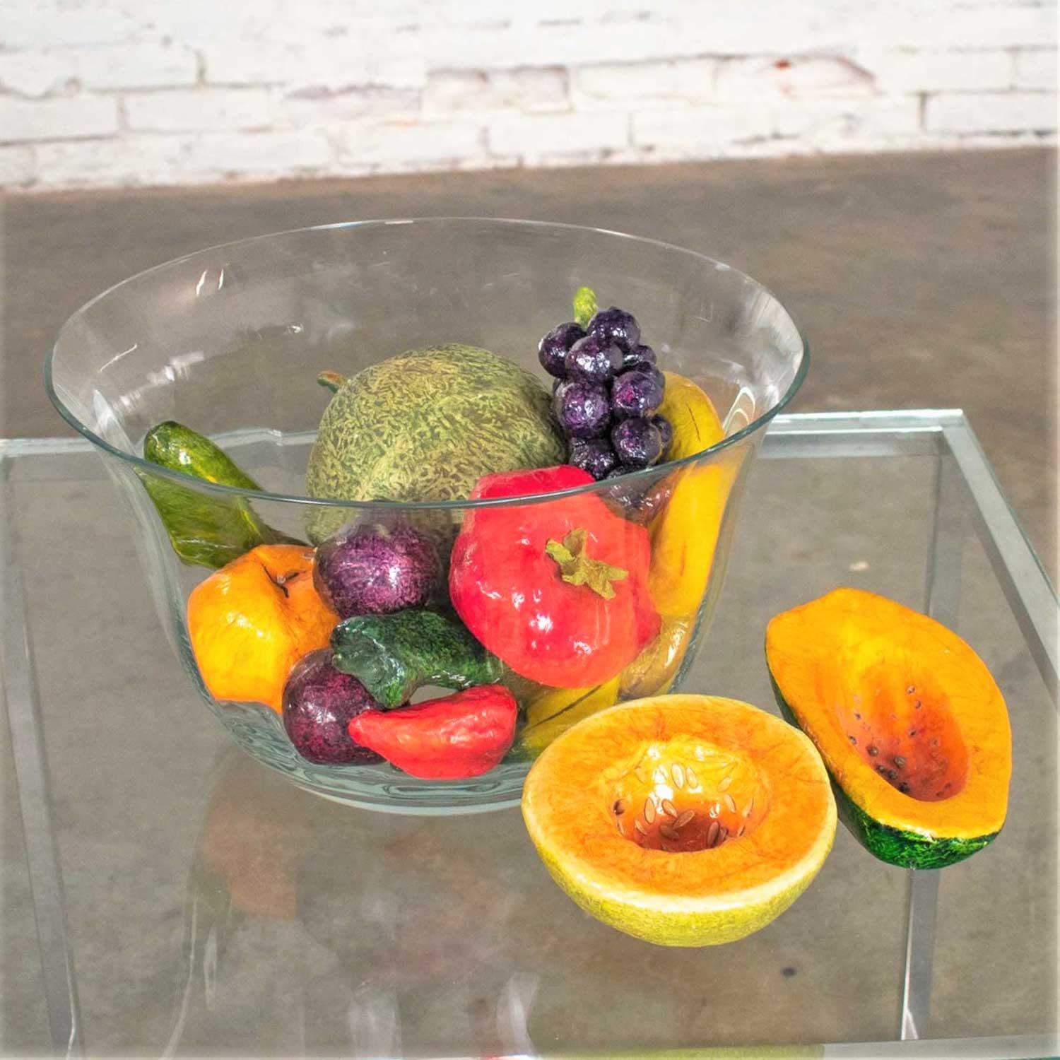 Vintage Glass Bowl of Papier Mâché Fruit & Vegetables Plus Ceramic Cantaloupe Centerpiece