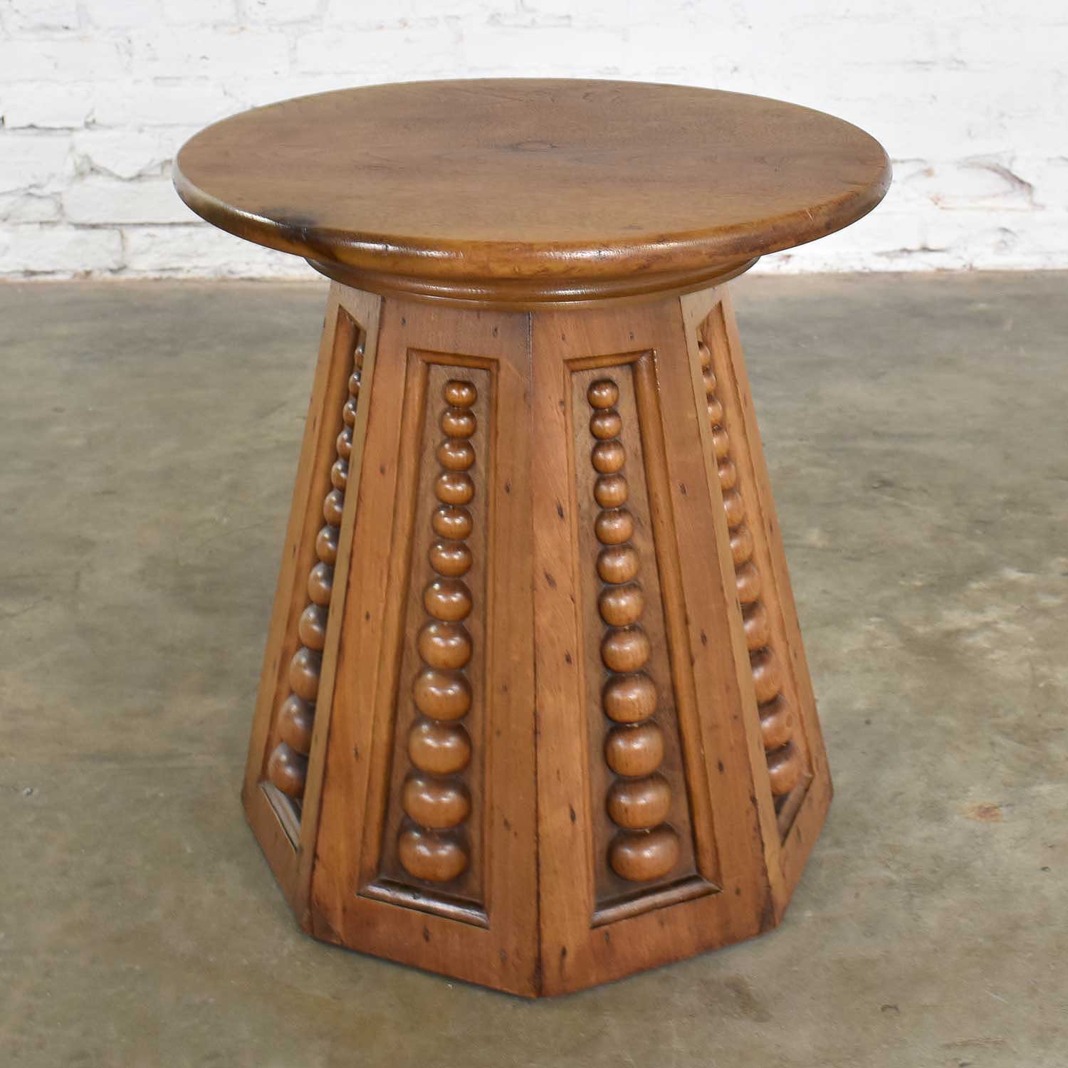 Art Deco Art Nouveau Arts and Craft Conical Side Table Round Top Octagon Base Carved Orbs