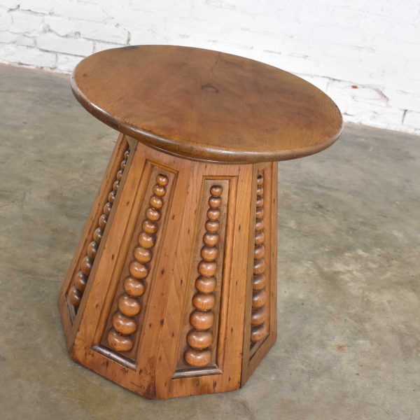 Art Deco Art Nouveau Arts and Craft Conical Side Table Round Top Octagon Base Carved Orbs