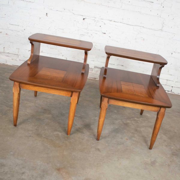 Mid Century Modern Pair Lane Step End Tables with Inlaid Walnut Burl Style #1927