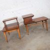 Mid Century Modern Pair Lane Step End Tables with Inlaid Walnut Burl Style #1927