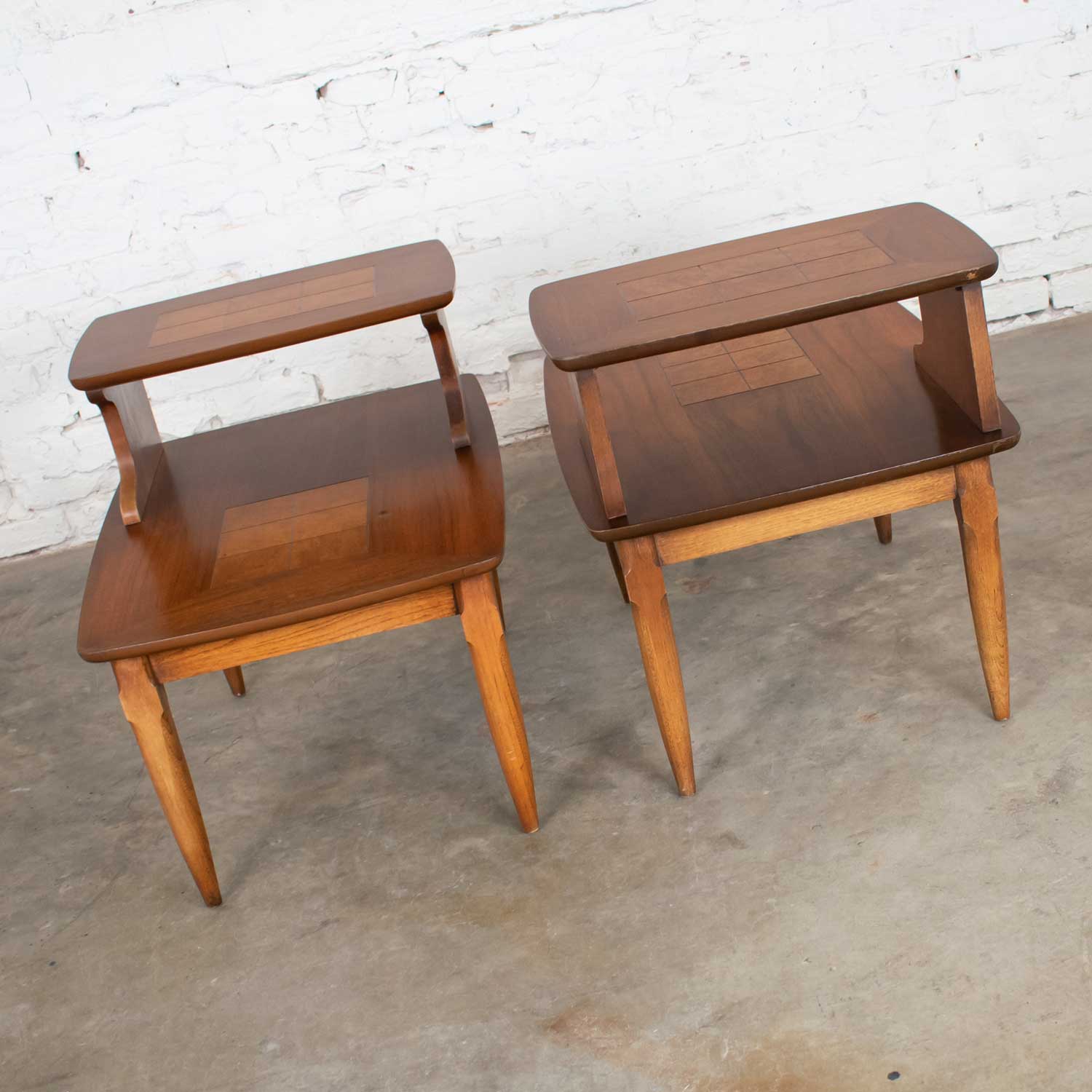 Mid Century Modern Pair Lane Step End Tables with Inlaid Walnut Burl Style #1927