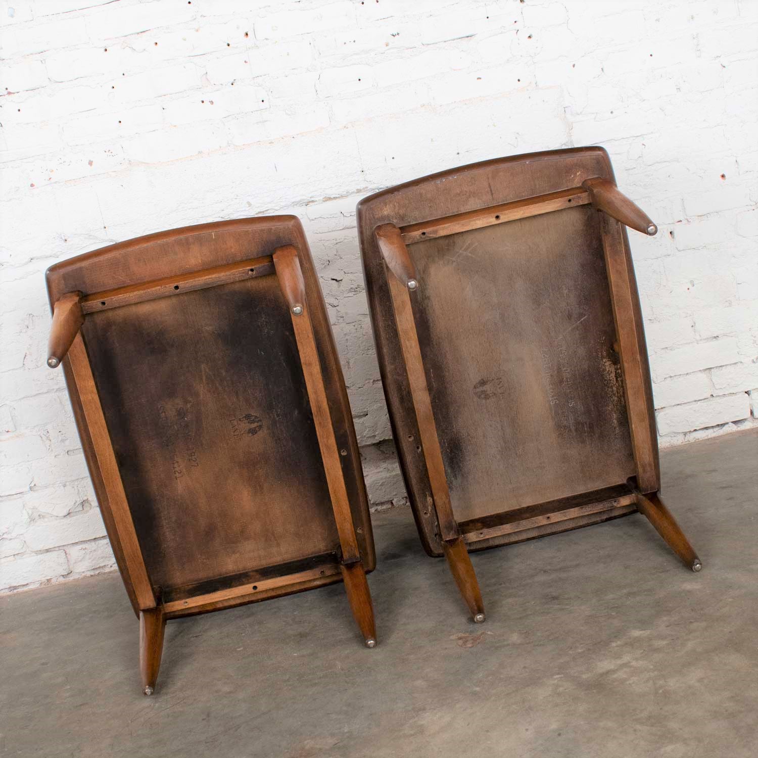 Mid Century Modern Pair Lane Step End Tables with Inlaid Walnut Burl Style #1927