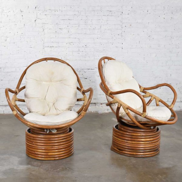 Pair of Vintage Modern Rattan Swivel Mamasan Bucket Lounge Chairs 1970