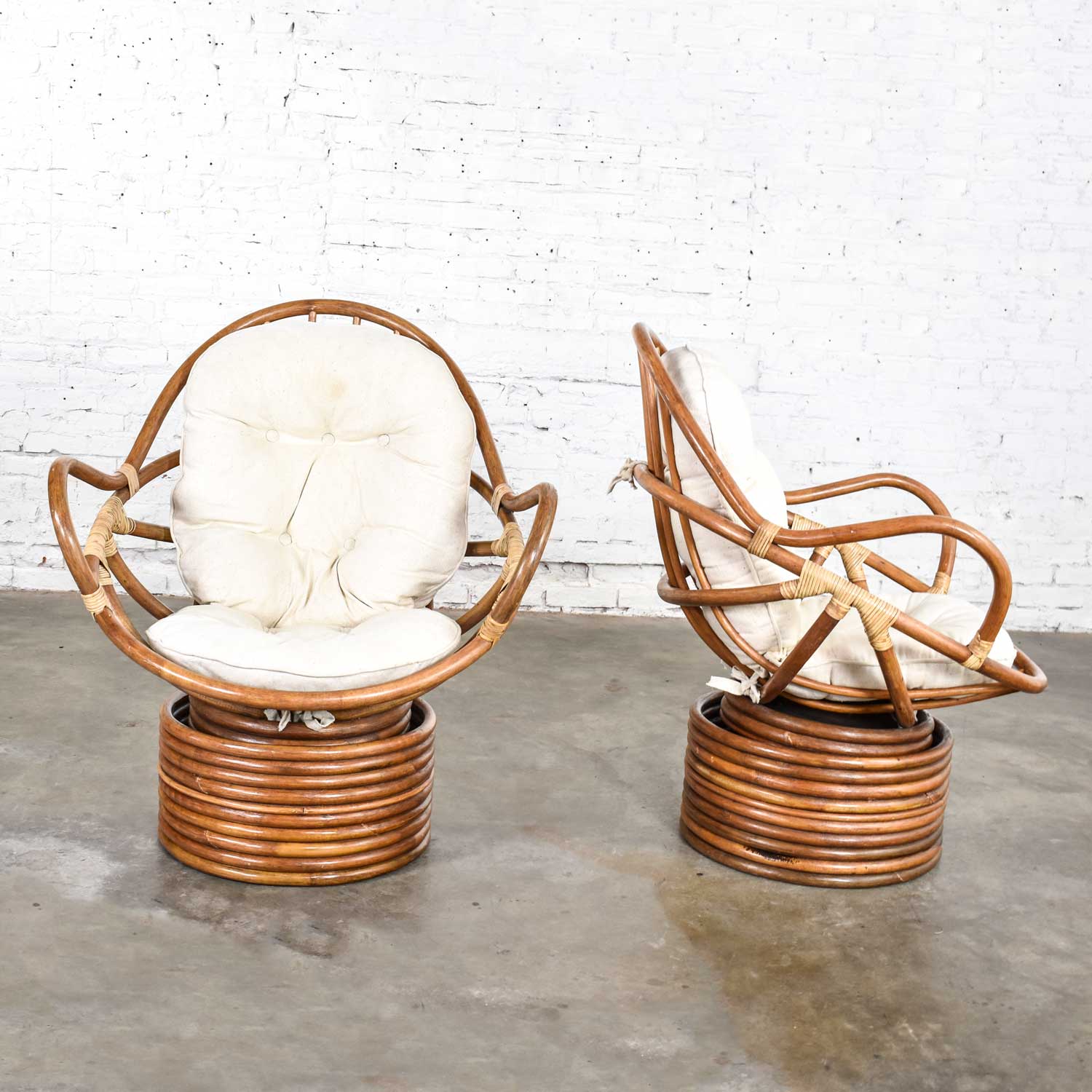 Pair of Vintage Modern Rattan Swivel Mamasan Bucket Lounge Chairs 1970