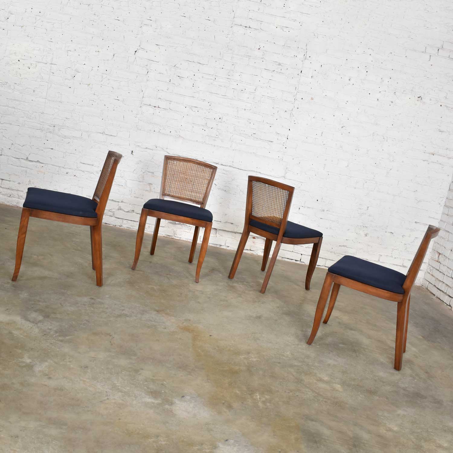 Vintage Mid-Century Modern Set of 4 Cane Back Dining Chairs Newly Upholstered Seats