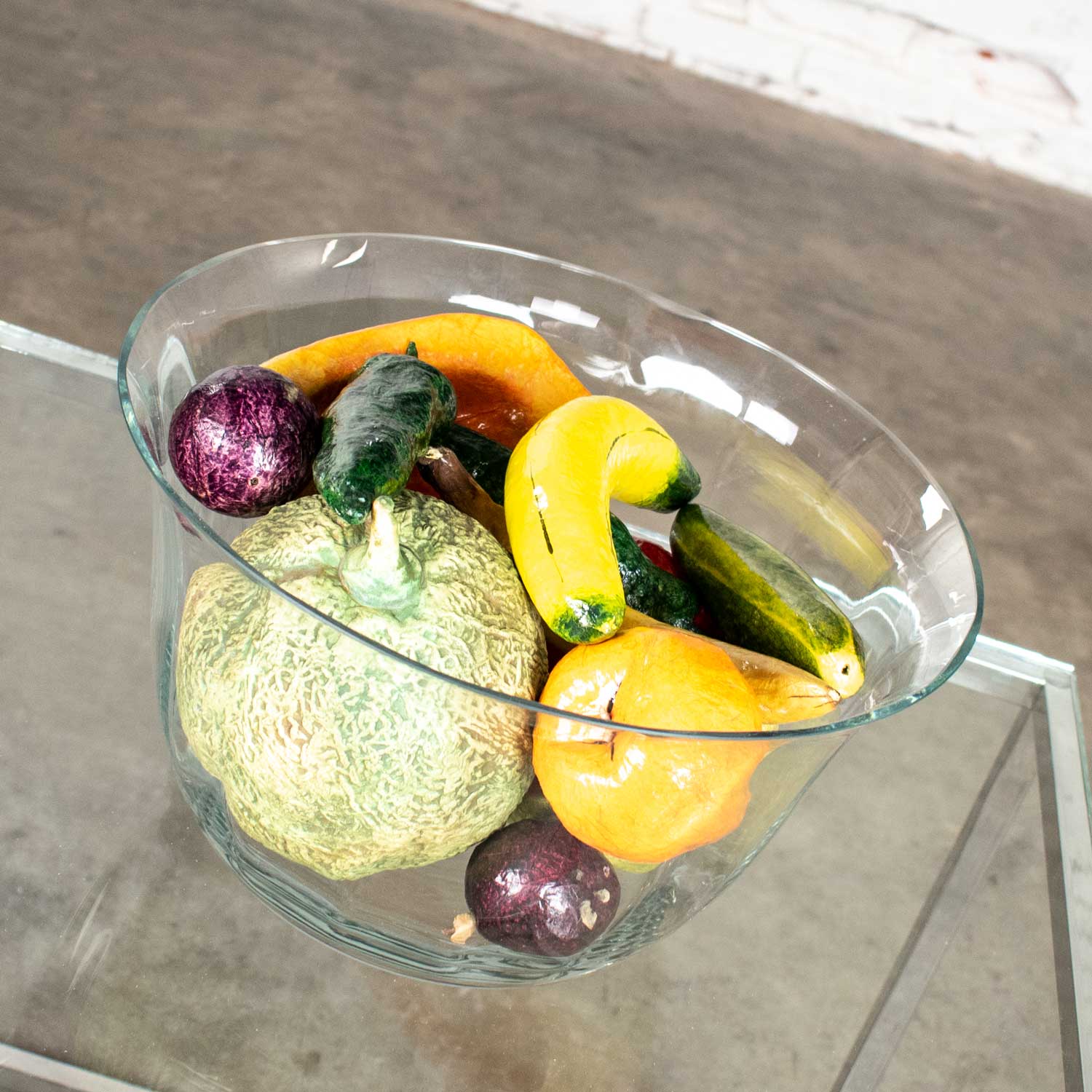 Vintage Glass Bowl of Papier Mâché Fruit & Vegetables Plus Ceramic Cantaloupe Centerpiece