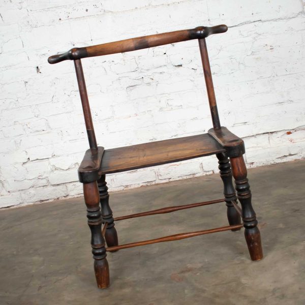 African Vintage Hand Carved Baule Tribal Low Chair Yoke Back