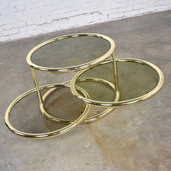 Modern Round Brass & Smoke Glass End Table or Coffee Table w/Pivoting Tiers Style of DIA Furniture 1970