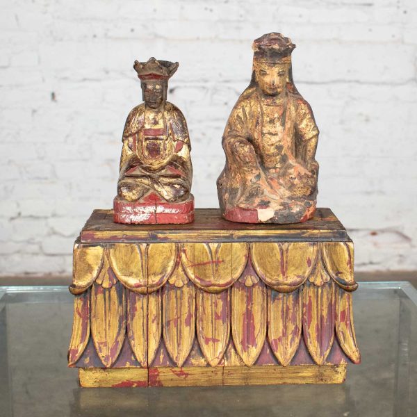 Antique Buddha Pair & Stand Hand Carved Wood & Hand Painted Red & Gilded