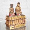 Antique Buddha Pair & Stand Hand Carved Wood & Hand Painted Red & Gilded