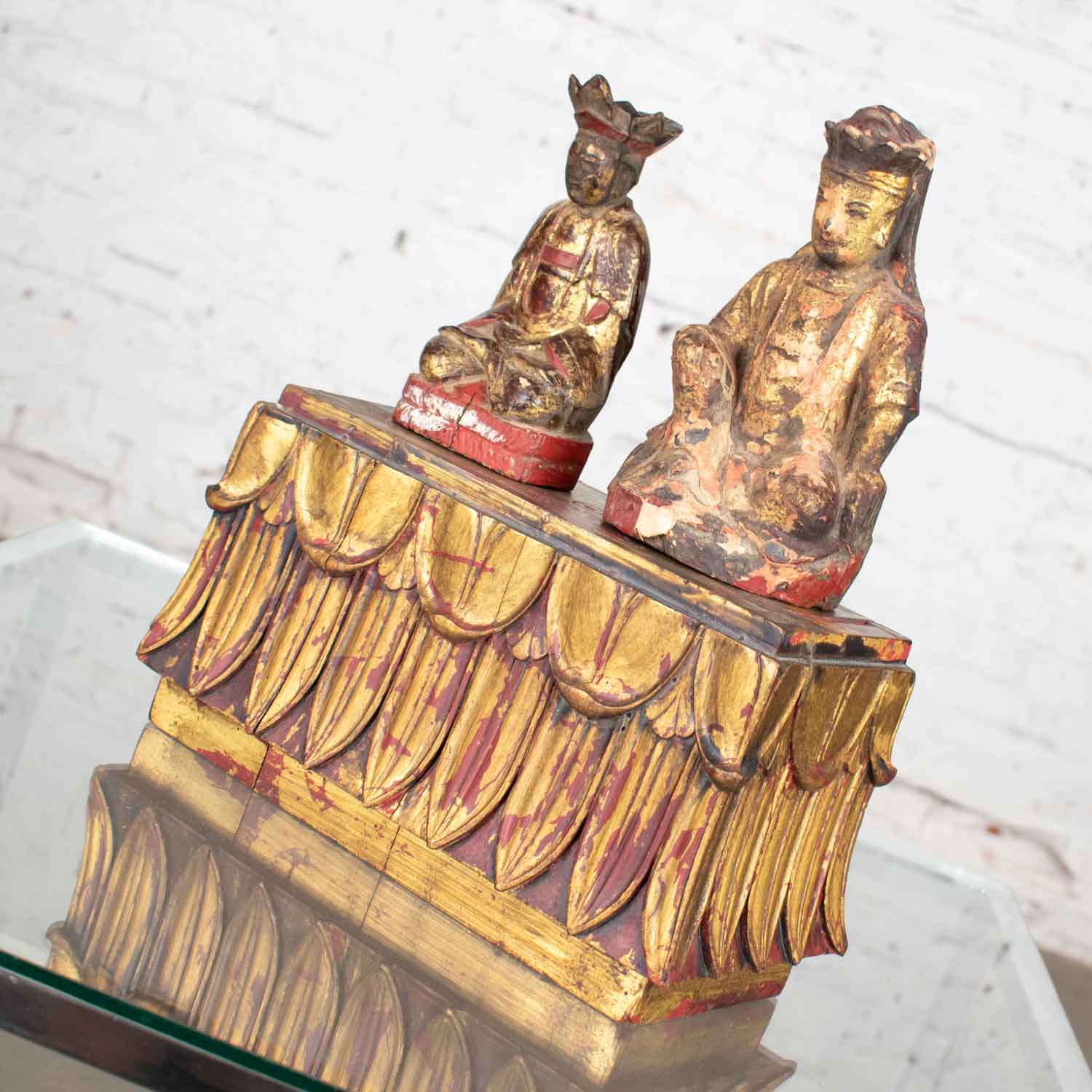 Antique Buddha Pair & Stand Hand Carved Wood & Hand Painted Red & Gilded