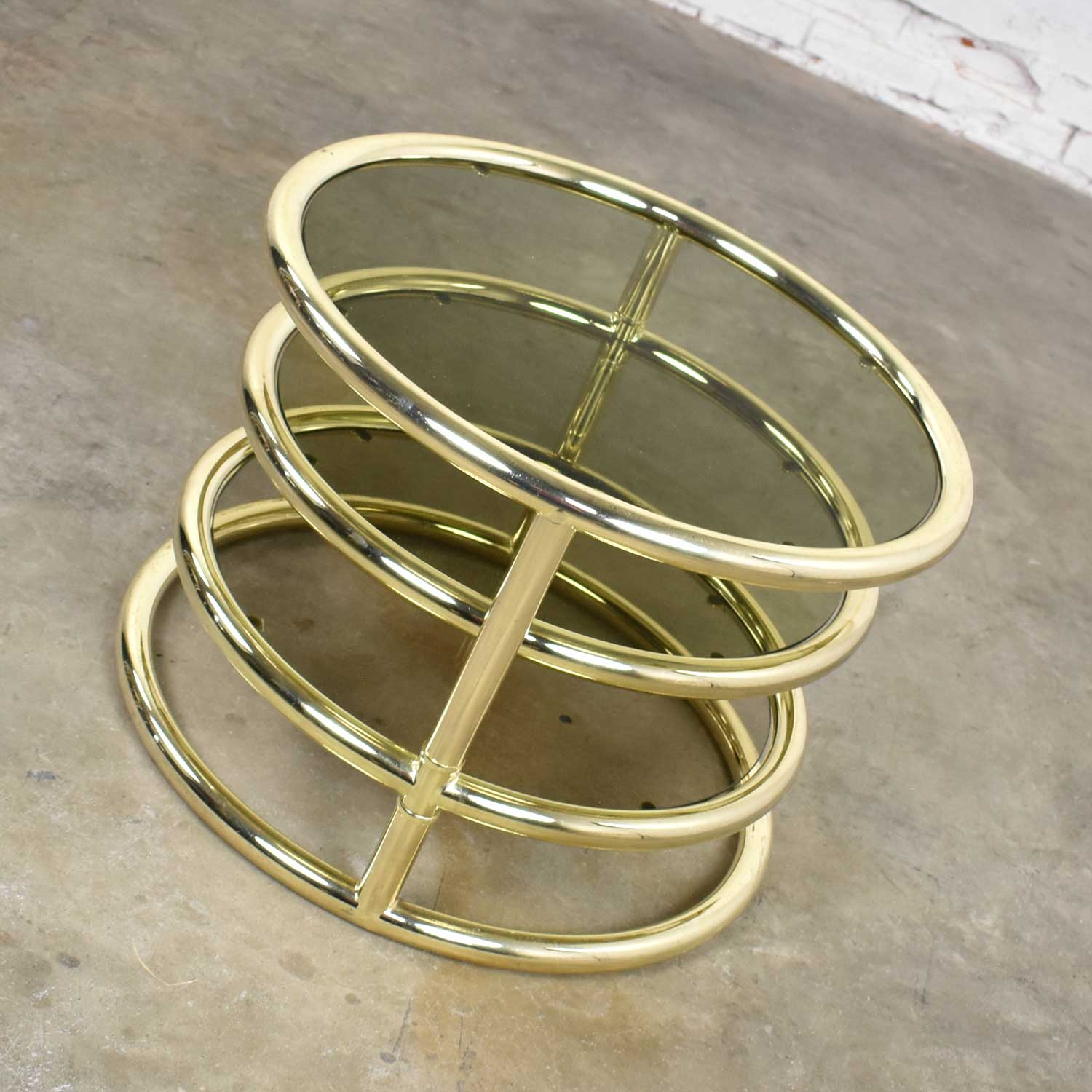 Modern Round Brass & Smoke Glass End Table or Coffee Table w/Pivoting Tiers Style of DIA Furniture 1970