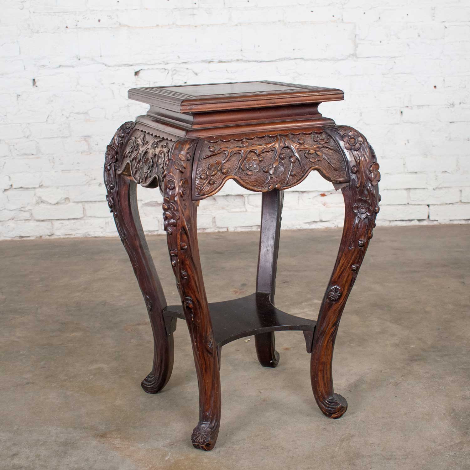 Antique Asian Pedestal Table Rosewood Color Hand Carved Cherry Blossoms