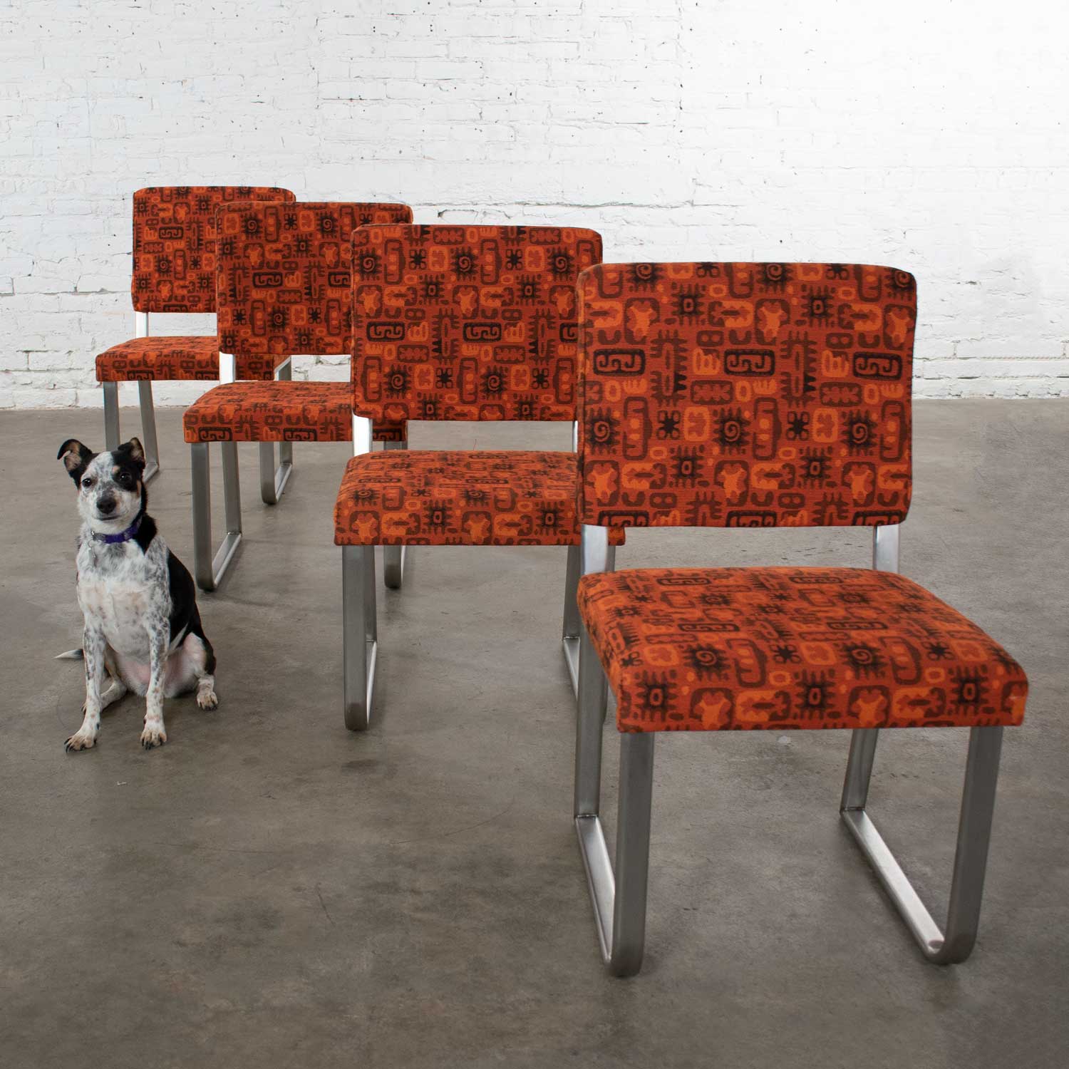 4 Streamline Modern Railroad Dining Car Chairs in Stainless Steel & Orange Abstract Upholstery