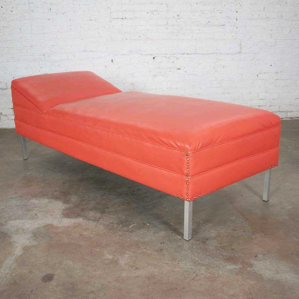 Mid Century Modern Chaise or Day Bed in Coral Vinyl Faux Leather with Aluminum Legs