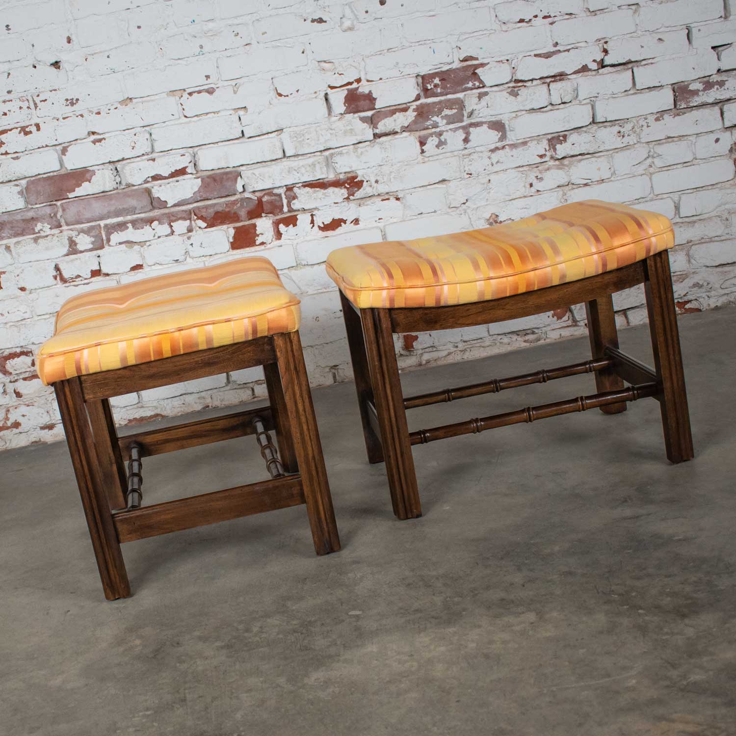 Chinese Chippendale Pair Foot Stools in Orange & Yellow Stripe Upholstery by Burlington House Furniture