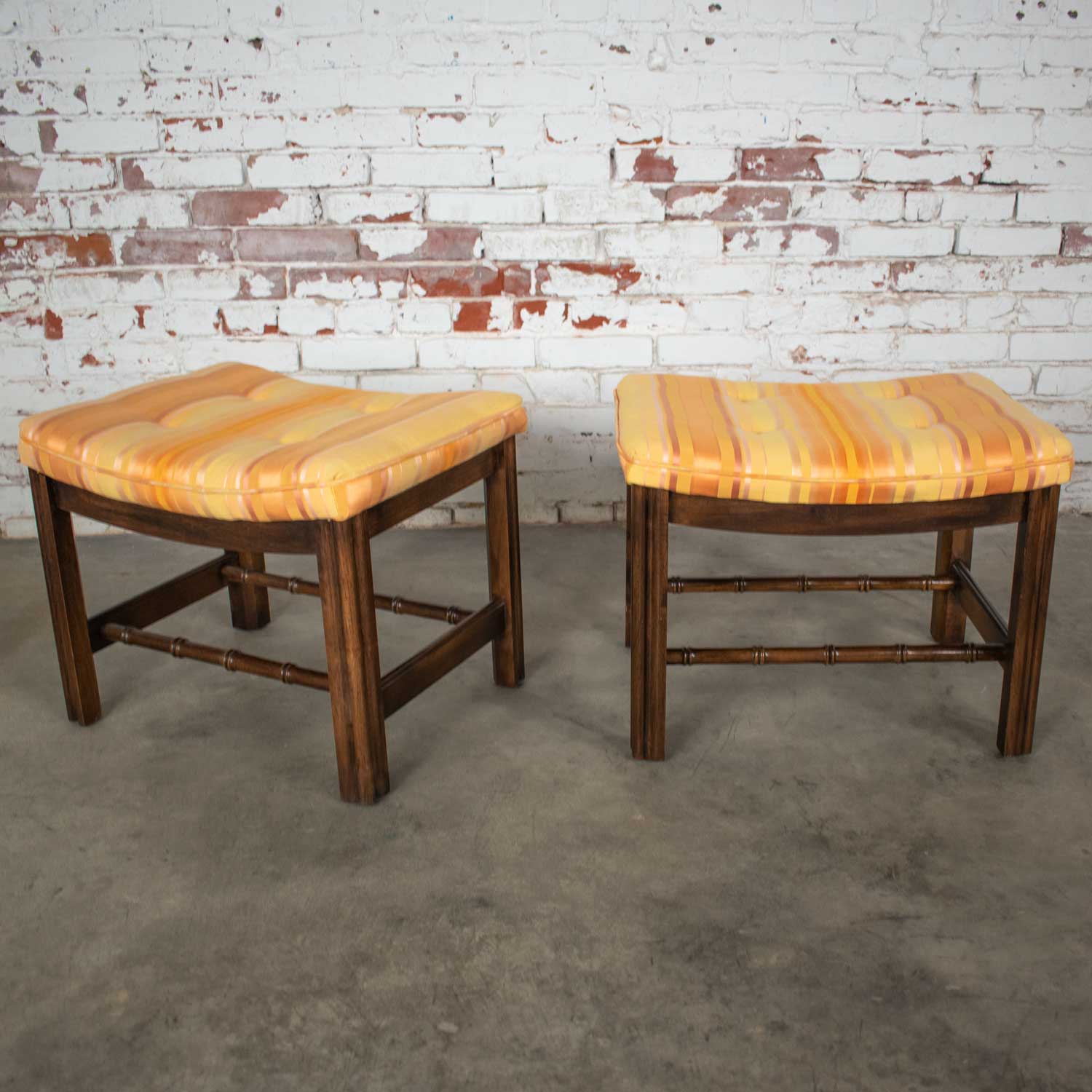 Chinese Chippendale Pair Foot Stools in Orange & Yellow Stripe Upholstery by Burlington House Furniture