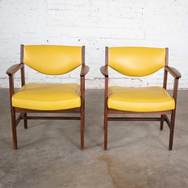 Pair Armchairs Mid Century Modern Gold Faux Leather & Walnut by Madison Furniture Ind.