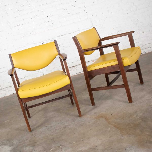 Pair Armchairs Mid Century Modern Gold Faux Leather & Walnut by Madison Furniture Ind.