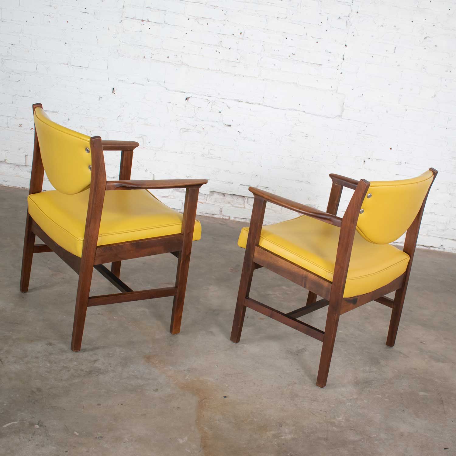 Pair Armchairs Mid Century Modern Gold Faux Leather & Walnut by Madison Furniture Ind.