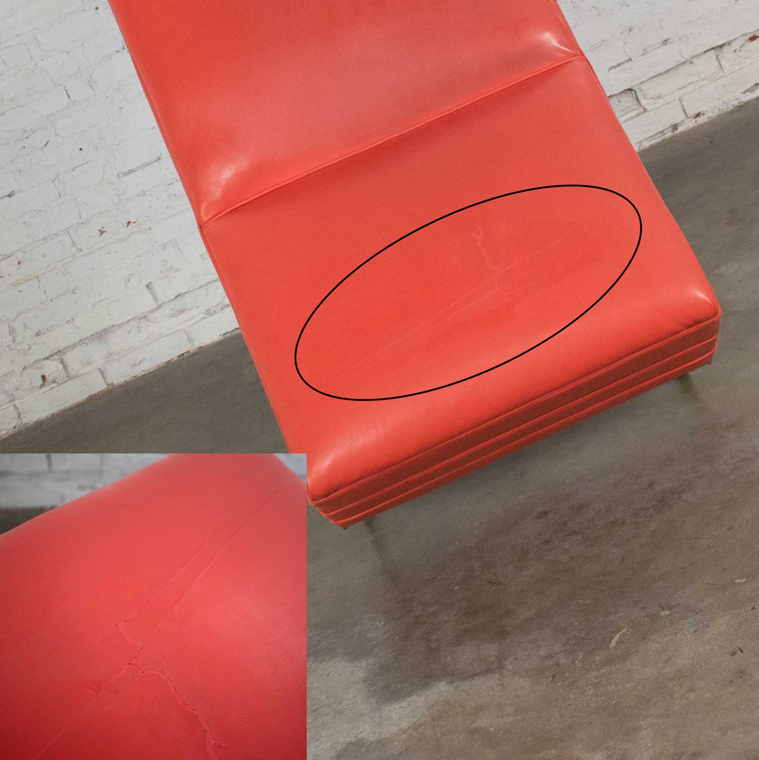 Mid Century Modern Chaise or Day Bed in Coral Vinyl Faux Leather with Aluminum Legs