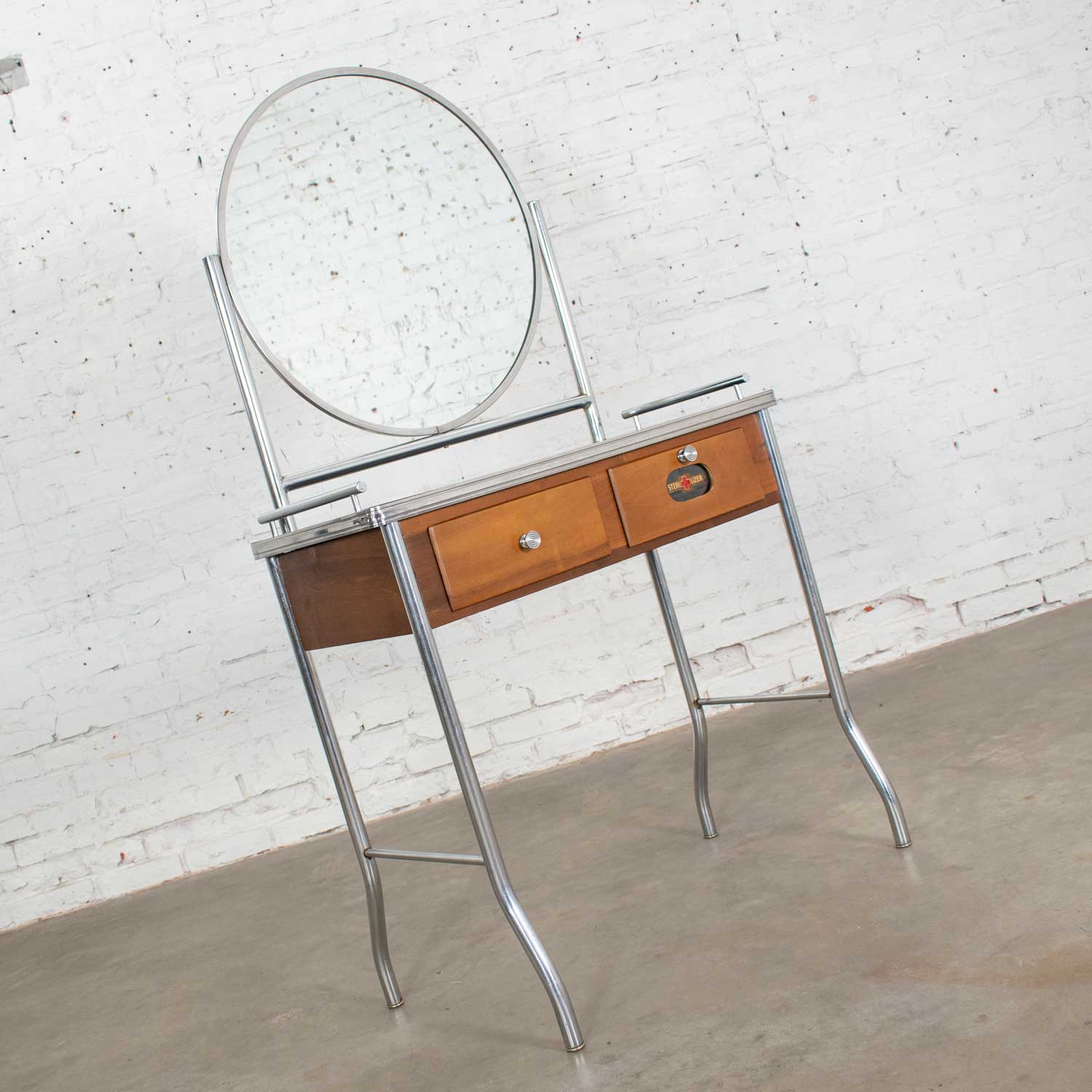 Art Deco Streamline Modern Machine Age Chrome Maple & Black Make Up Beauty Barber Vanity with Mirror