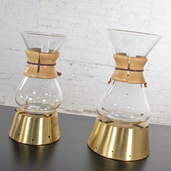 2 Mid Century Modern Chemex Pour Over Coffeemakers by Peter Schlumbohm & Vintage Brass Warmers