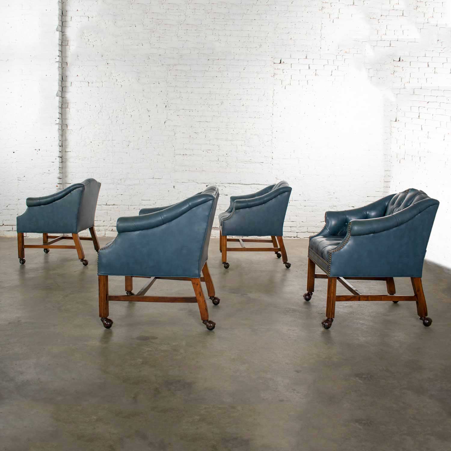 Blue Vinyl Faux Leather Chinese Chippendale Tub Style Rolling Game Chairs Set of Four