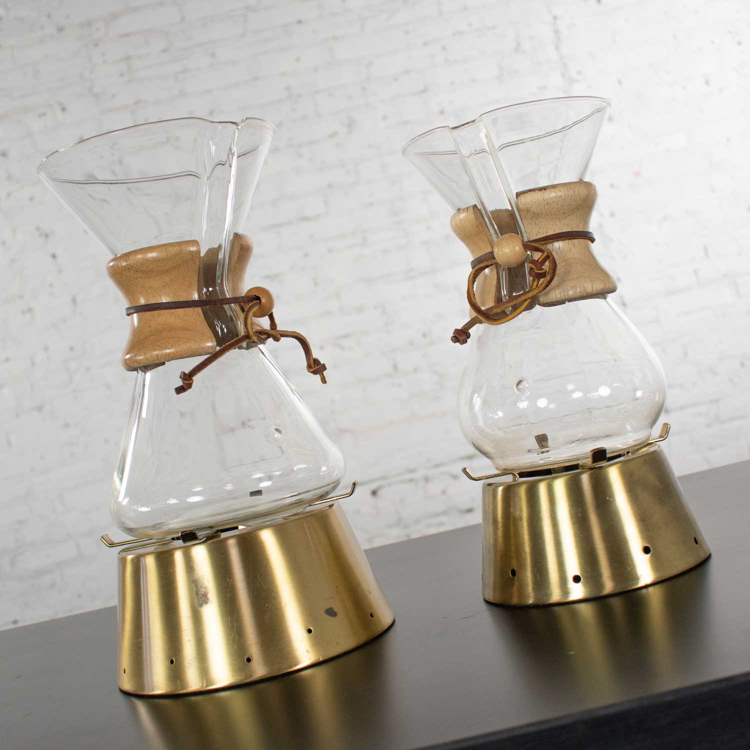 2 Mid Century Modern Chemex Pour Over Coffeemakers by Peter Schlumbohm & Vintage Brass Warmers
