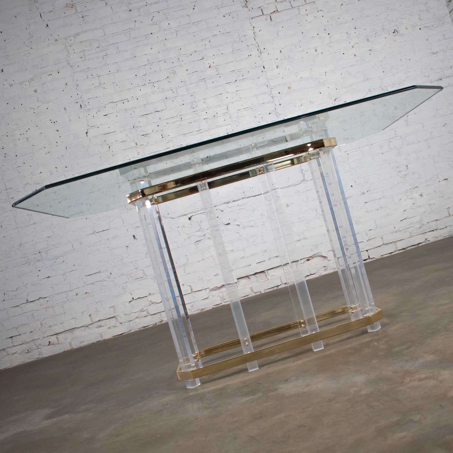 Hollywood Regency Glass, Brass, & Lucite Dining Table in the style of Charles Hollis Jones