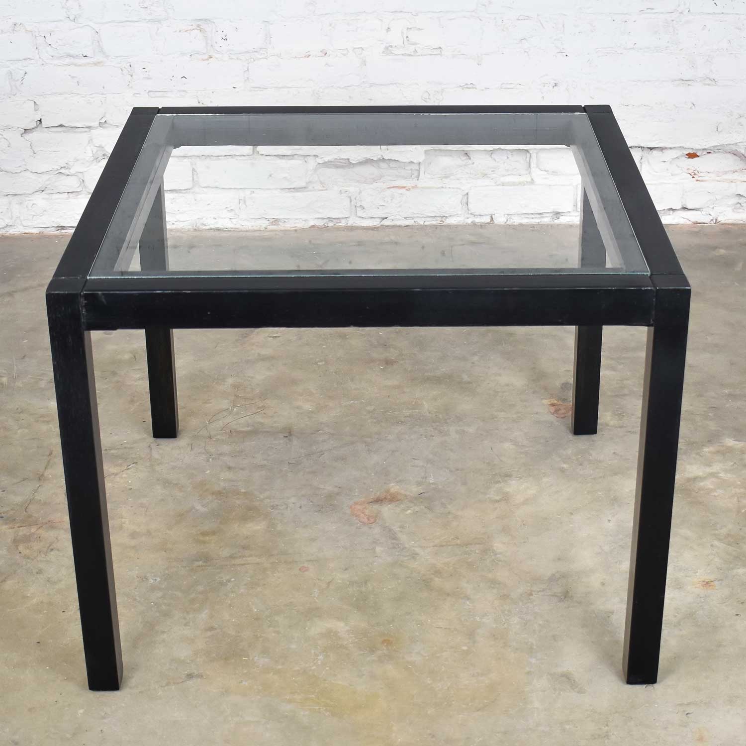 Vintage Blackened Oak Parsons Style Side Table with Glass Top