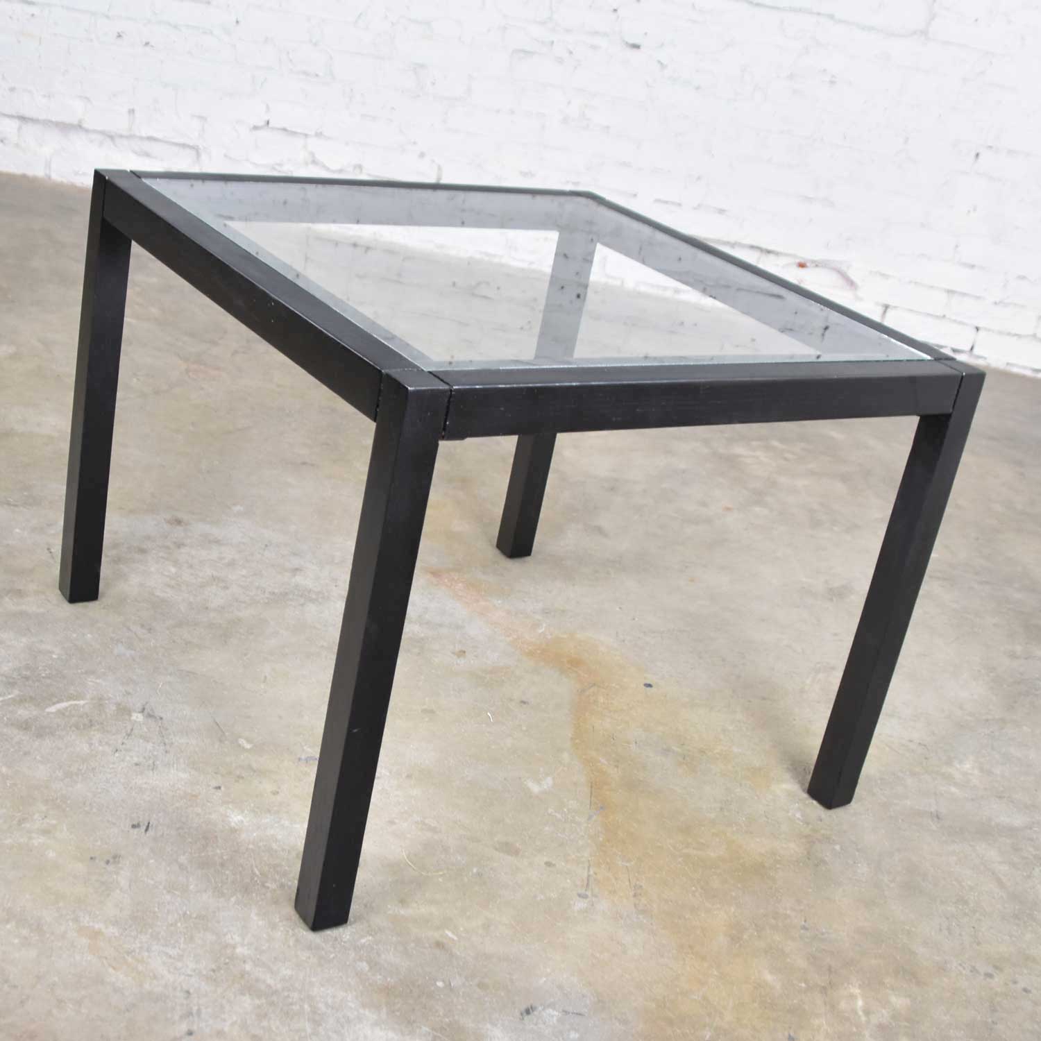 Vintage Blackened Oak Parsons Style Side Table with Glass Top