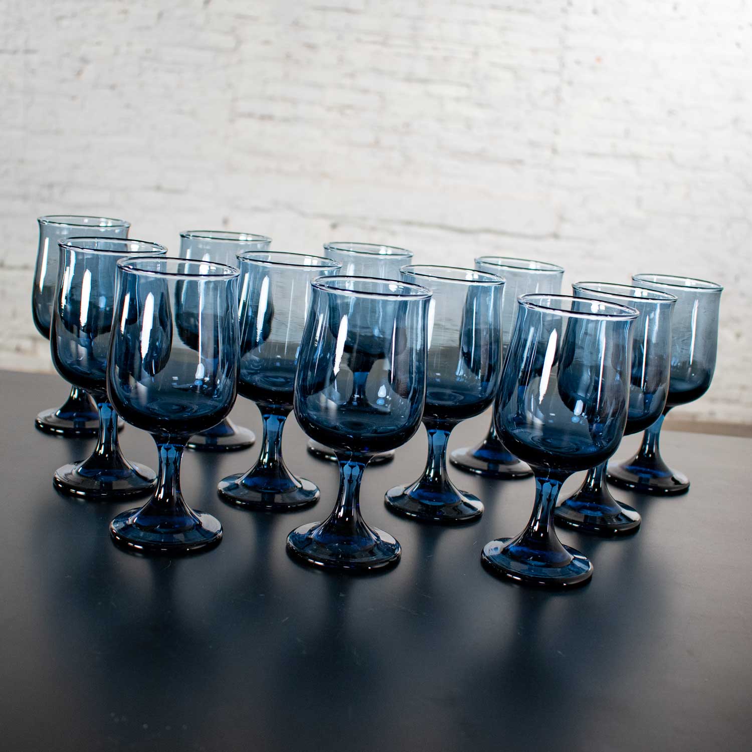 Vintage 58 Piece Set of Libbey Bolero Blue 1970 Glassware or Barware Tumblers Juice Goblets Wine Coupes