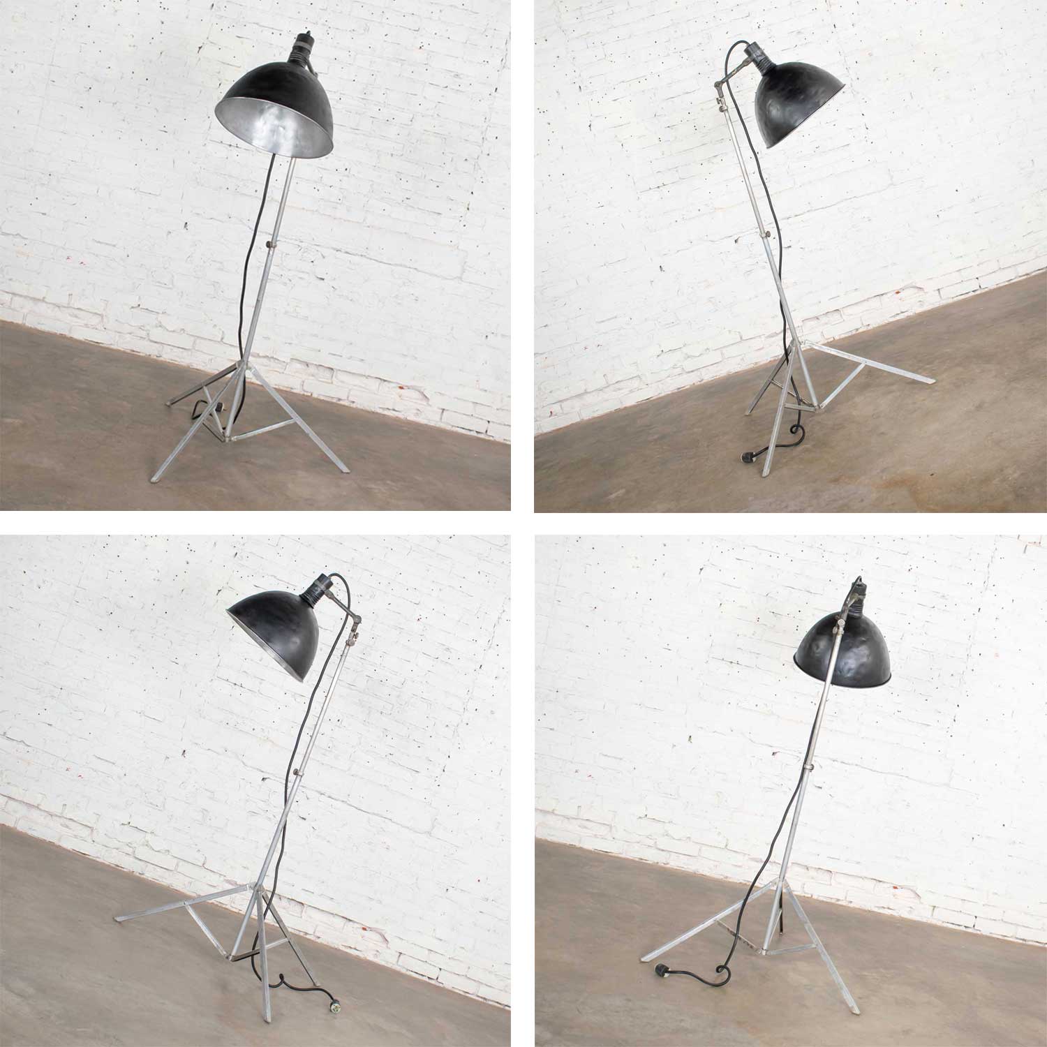 Two Vintage Industrial Pair of Photographers Floor Lights Tripod Base Aluminum and Steel