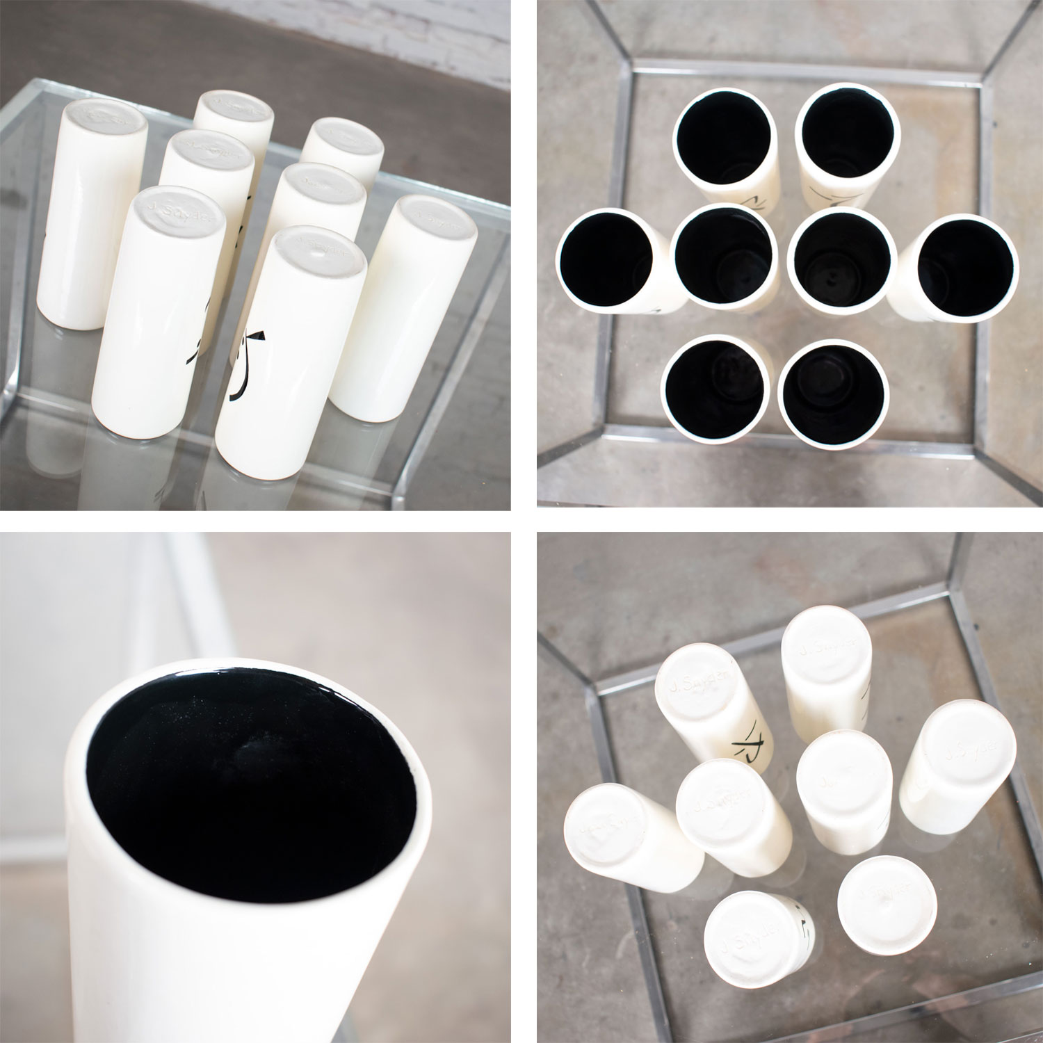 8 Vintage Mid-Century Modern Ceramic Tumblers White & Black with Asian Symbols