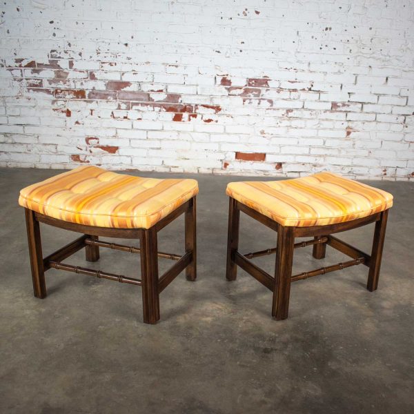 Chinese Chippendale Pair Foot Stools in Orange & Yellow Stripe Upholstery by Burlington House Furniture