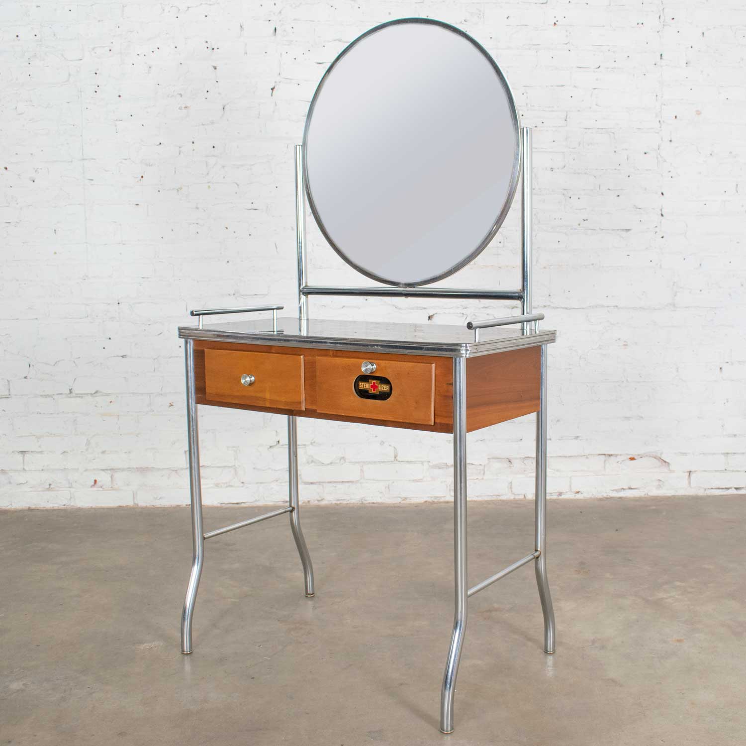 Art Deco Streamline Modern Machine Age Chrome Maple & Black Make Up Beauty Barber Vanity with Mirror