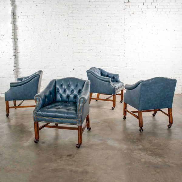 Blue Vinyl Faux Leather Chinese Chippendale Tub Style Rolling Game Chairs Set of Four