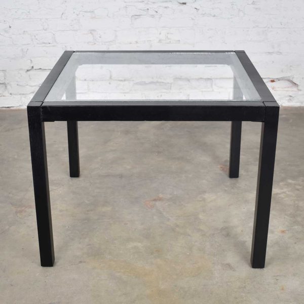 Vintage Blackened Oak Parsons Style Side Table with Glass Top