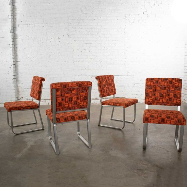 4 Streamline Modern Railroad Dining Car Chairs in Stainless Steel & Orange Abstract Upholstery