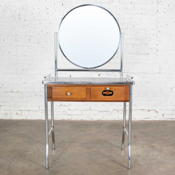 Art Deco Streamline Modern Machine Age Chrome Maple & Black Make Up Beauty Barber Vanity with Mirror