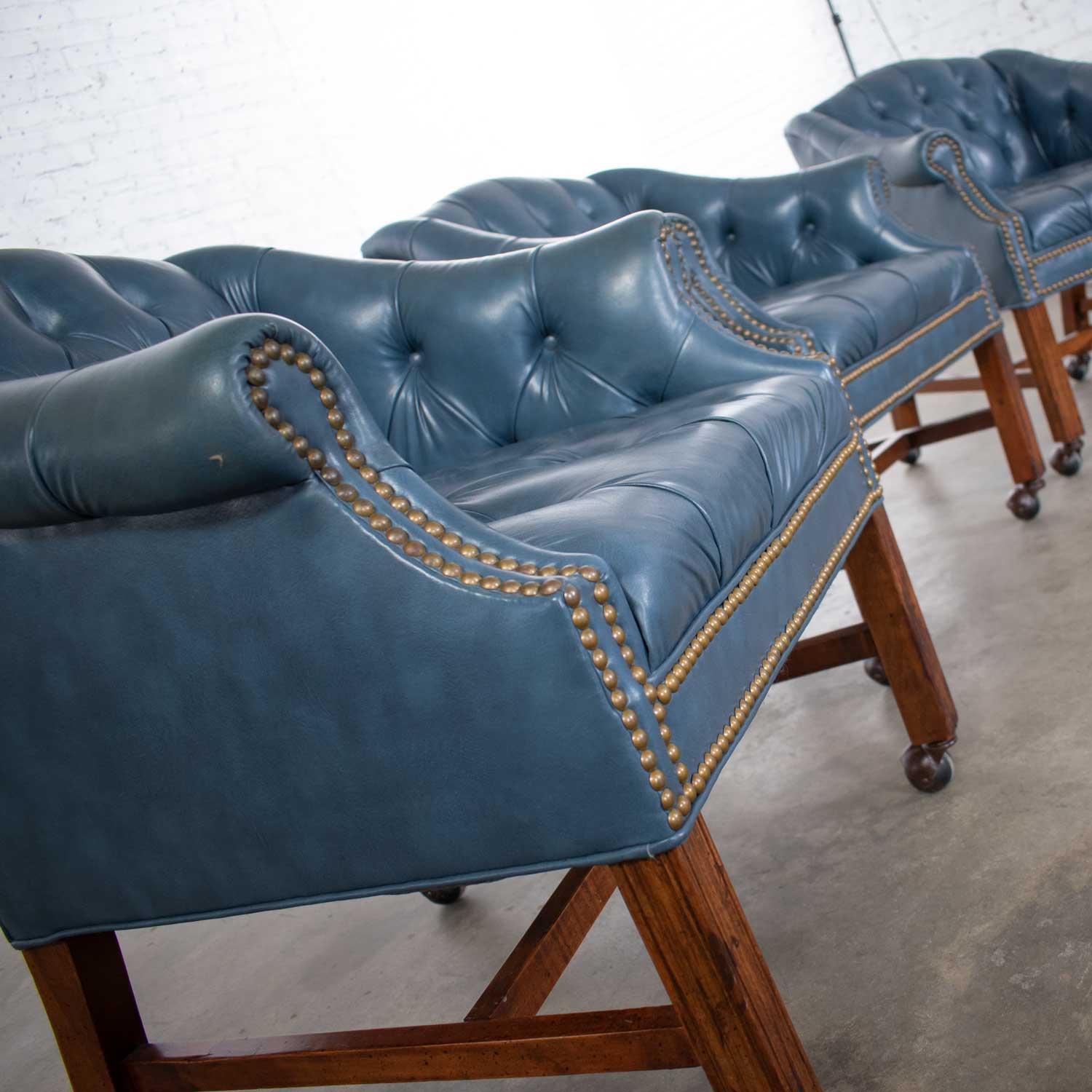 Blue Vinyl Faux Leather Chinese Chippendale Tub Style Rolling Game Chairs Set of Four