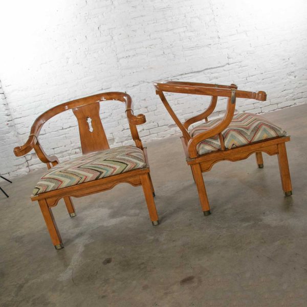 Chinoiserie Ming Style Pair of Yoke Back Lounge Chairs Attributed to Schnadig Furniture