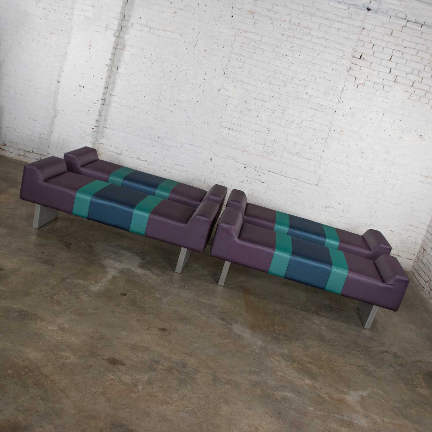 Postmodern Bench Purple Vinyl & Brushed Aluminum Bases After the Memphis Group