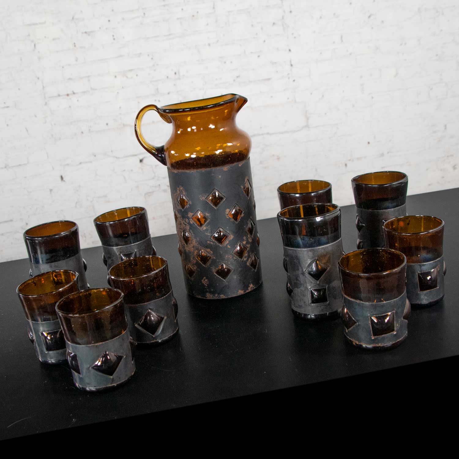 Imprisoned Mexican Glass Brutalist Modern Cocktail Set Amber & Blackened Metal by Filipe Derflingher